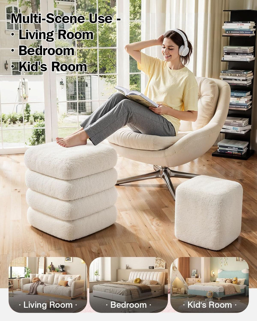 Two-Piece Nesting Sherpa Storage Ottomans White Lid