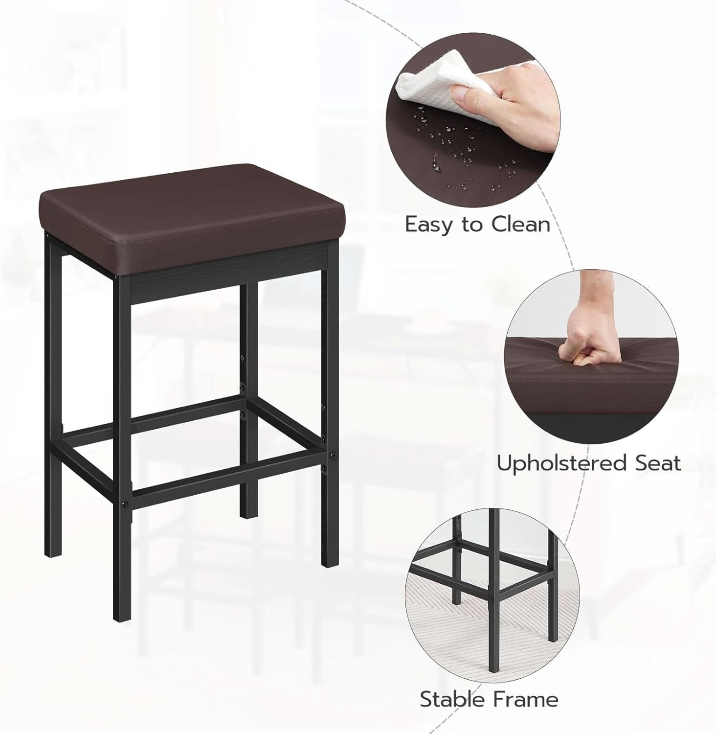 Bar Stools Set Of 2 24.8 Inch Height Black PU Upholstered