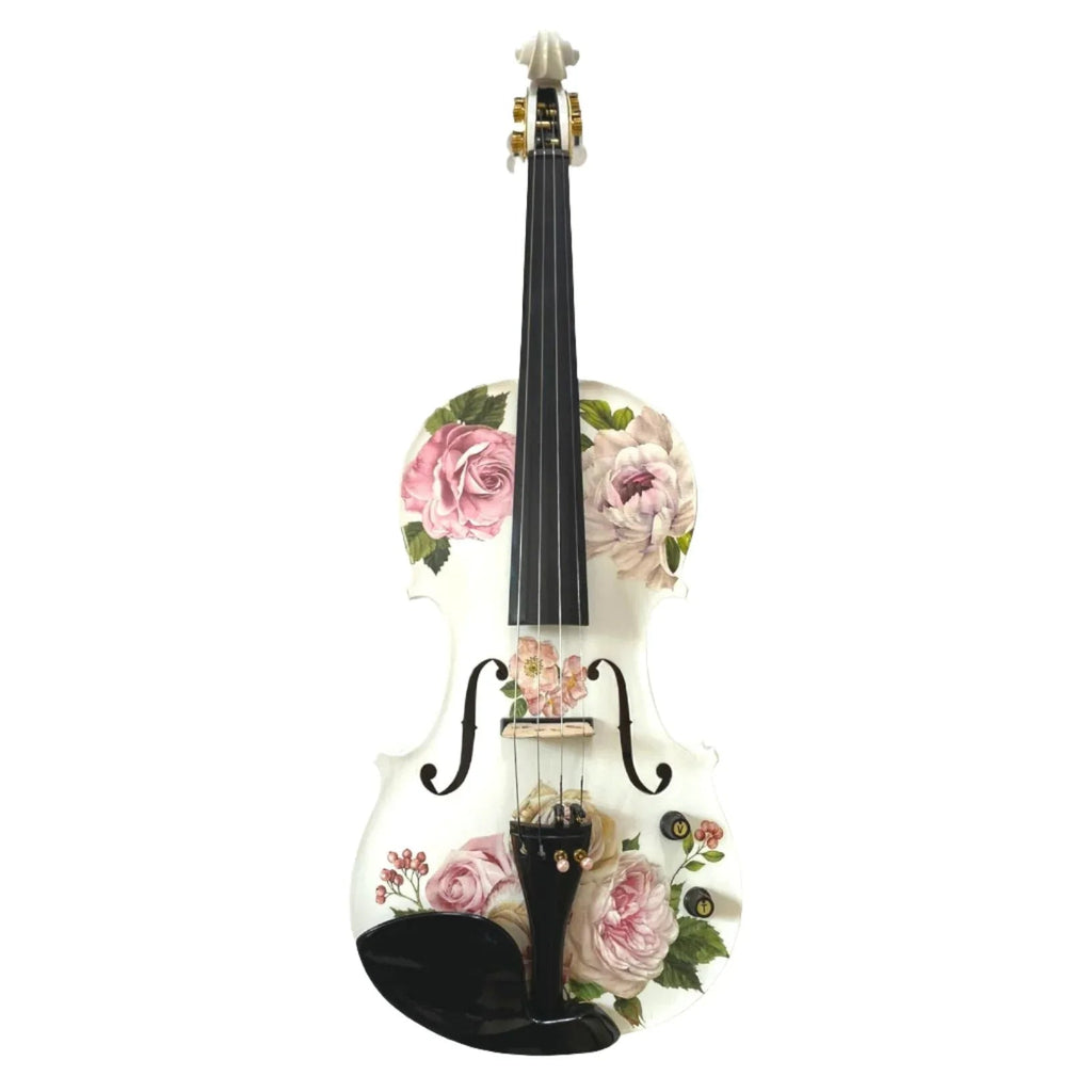Rose Delight Electric Acoustic Violin Outfit | Electric Violin with Rose Design, Mechanical Pegs & Carbon Fiber Bow