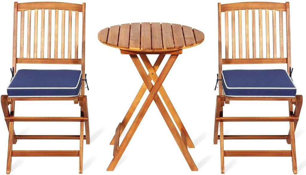 Patio Bistro Set With Wood Table And Navy Cushioned Chairs