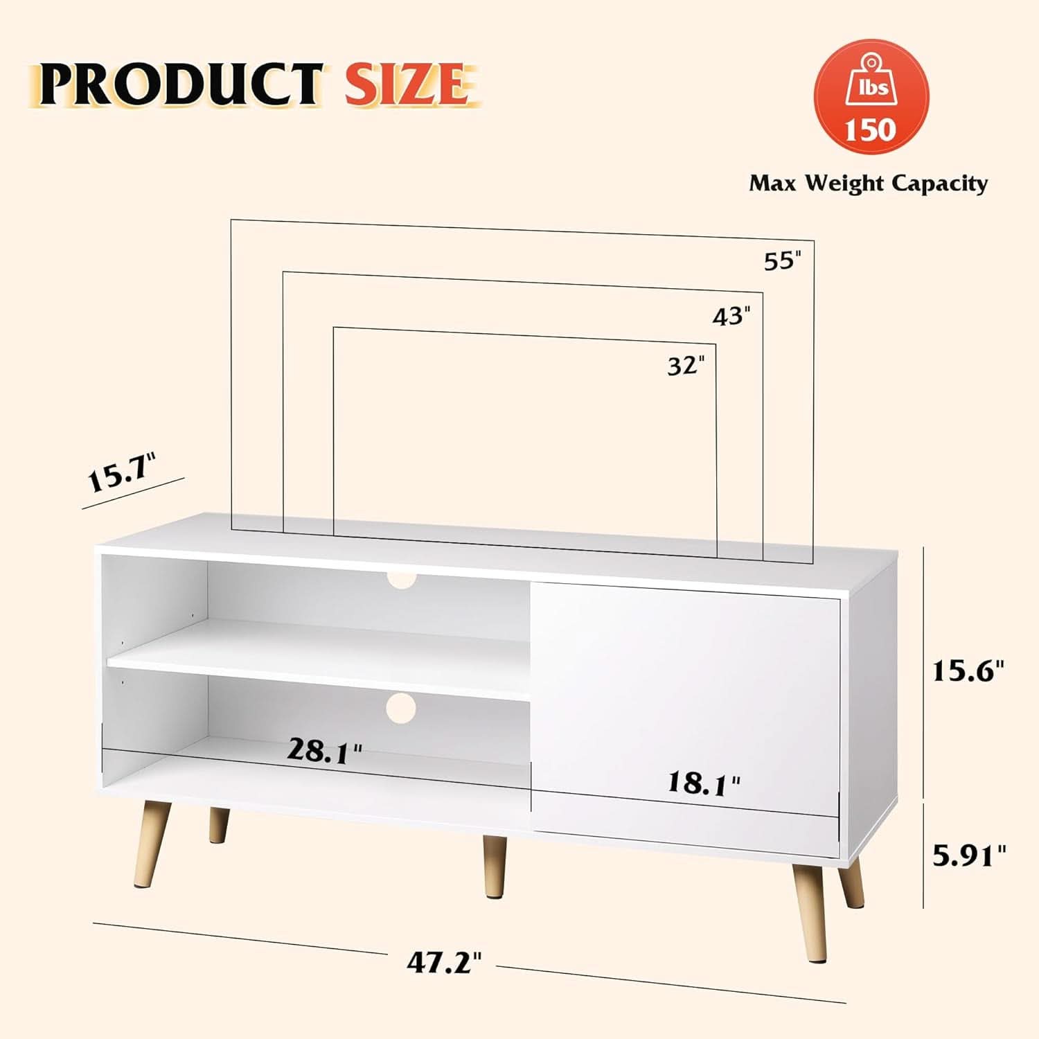 55-Inch TV Stand White Mid-Century Modern Storage Shelves