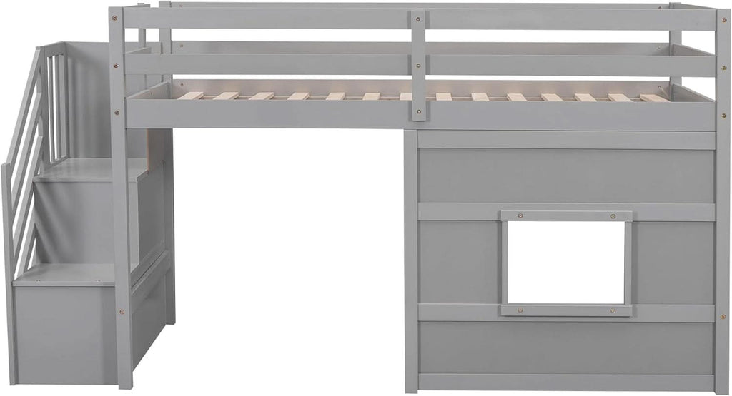 Twin Size Low Loft Bed In Gray With Stairs Storage
