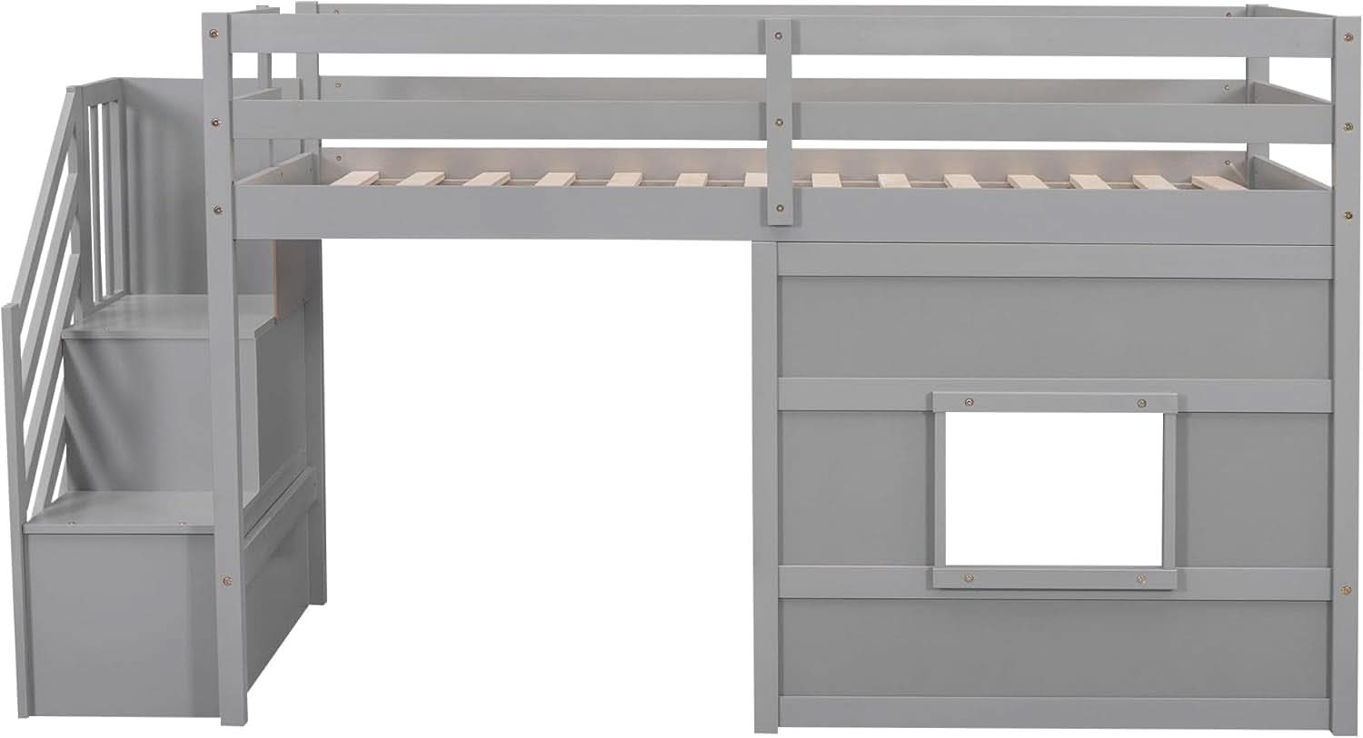 Twin Size Low Loft Bed In Gray With Stairs Storage