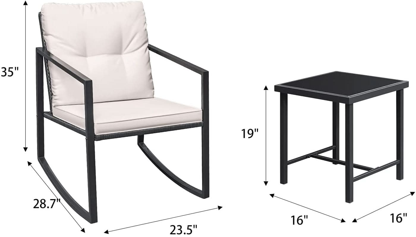 Beige 3 Piece Rocking Wicker Bistro Set With Glass Coffee Table For Patio Outdoor Furniture
