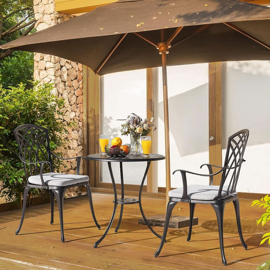 Outdoor Cast Aluminum Bistro Set 3 Piece With Umbrella Hole Gray Cushions