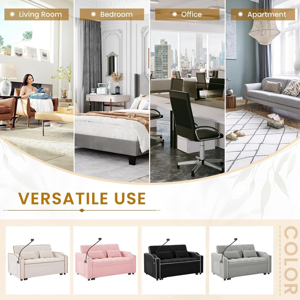 Black Velvet Luxe Sleeper Sofa Bed USB Charging Port