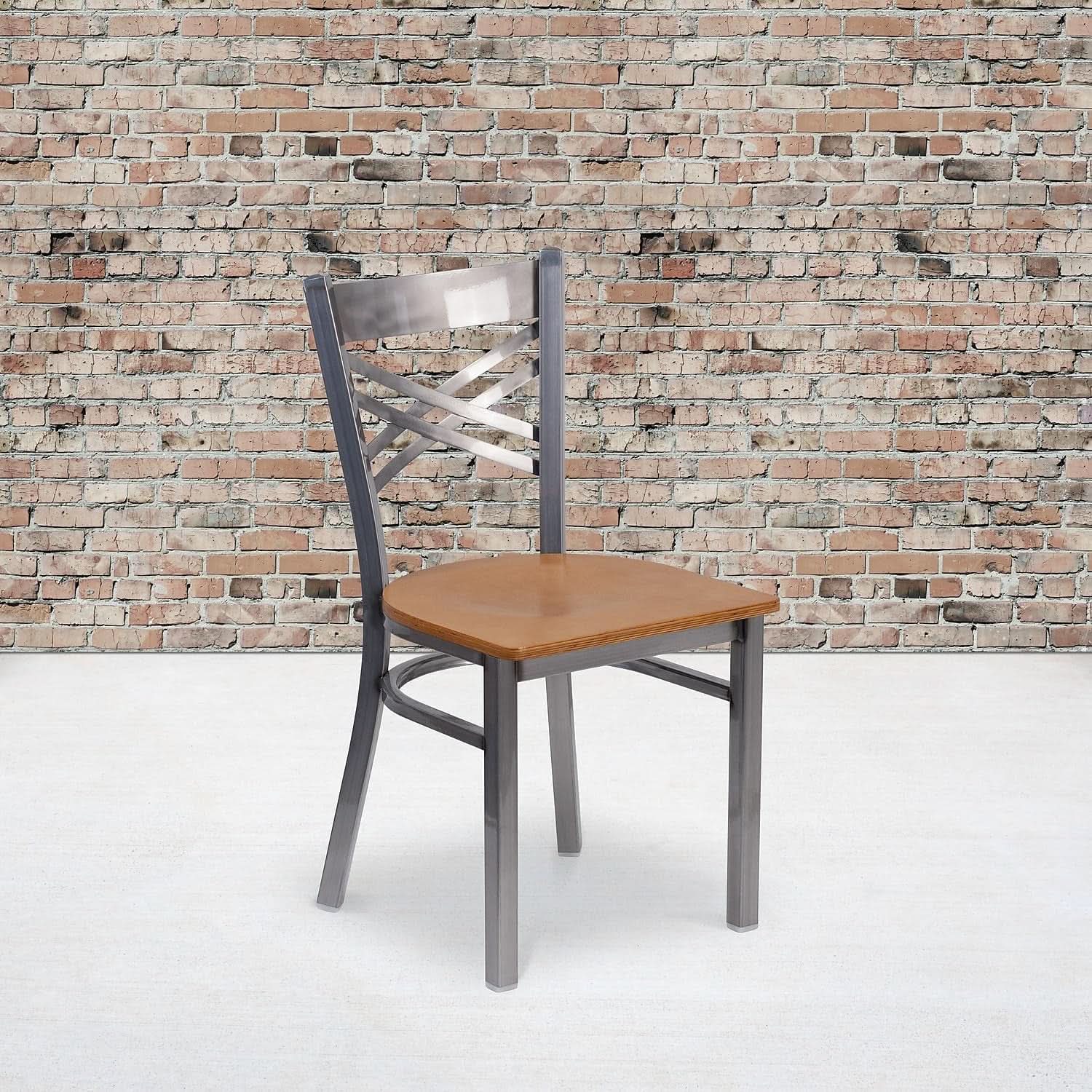 HERCULES Series Clear Coated X Back Metal Restaurant Chair 2 Pack Natural Wood Seat