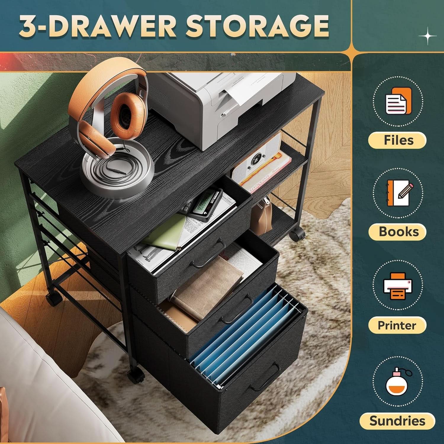 3 Drawer Mobile File Cabinet With Rolling Printer Stand And Open Storage Shelf For A4 Or Letter Size In Black