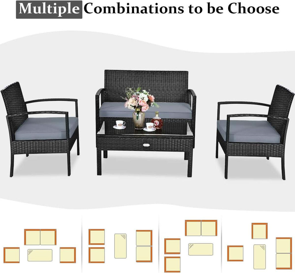 4 Piece Patio Rattan Furniture Set With Glass Coffee Table