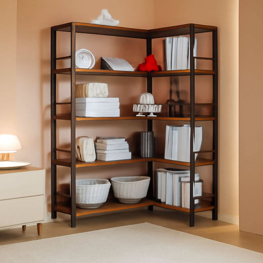5-Tier Industrial Corner Bookcase With Metal Frame