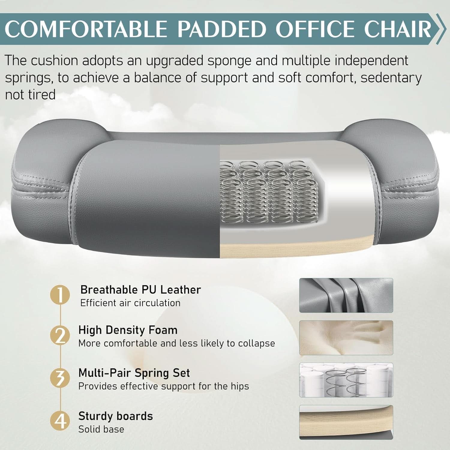 Gray PU Leather Office Chair With Ergonomic Back Support