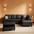 Dark Grey L Shaped PU Leather Sofa With Storage Ottoman