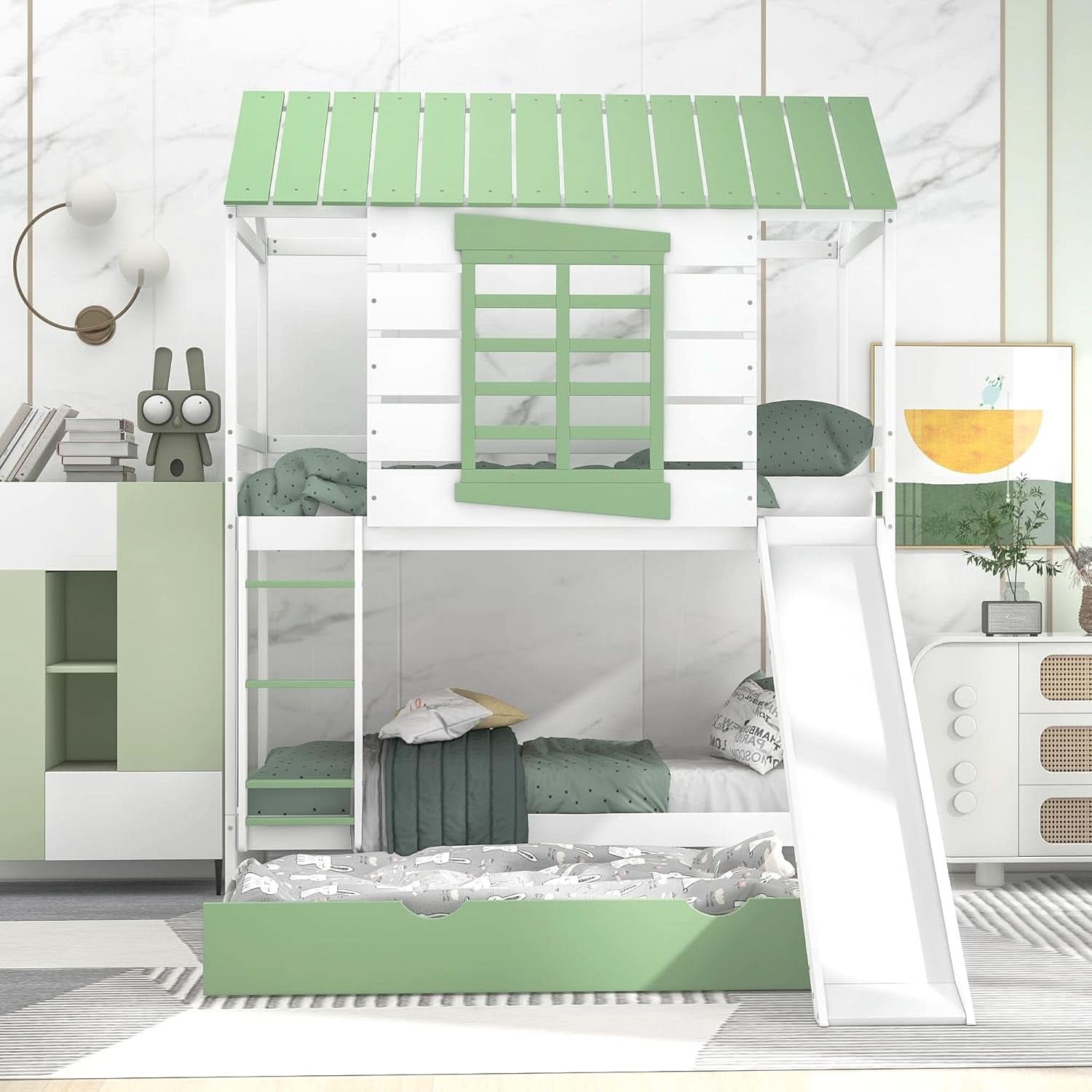 Bunk Bed Twin Over Twin With Slide And Trundle White Green