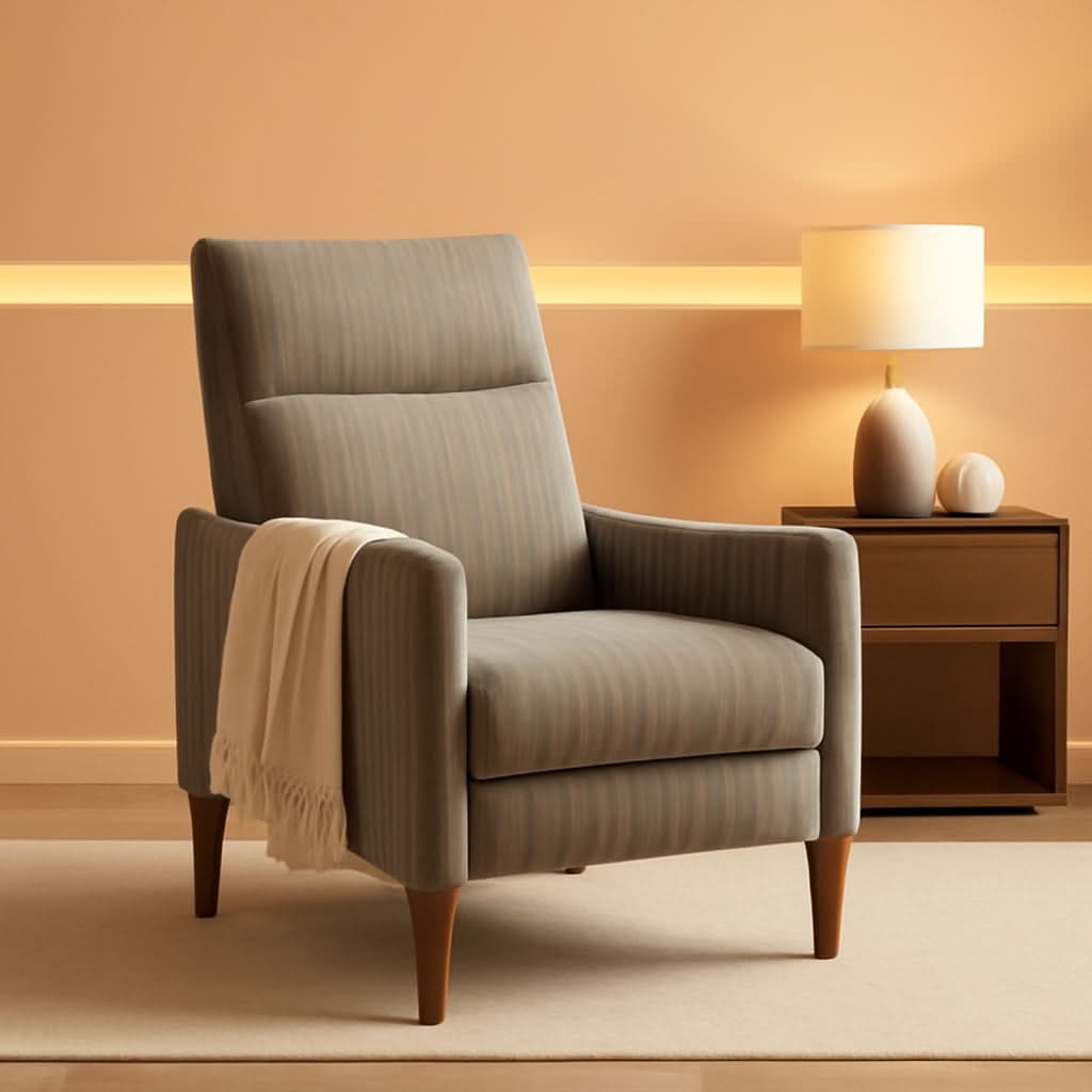Arthur Mid Century Recliner Chair With 3 Positions Taupe Stripe Jacquard