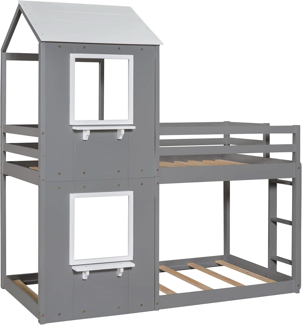 Twin Over Twin House Bunk Bed With Roof And Ladders Grey
