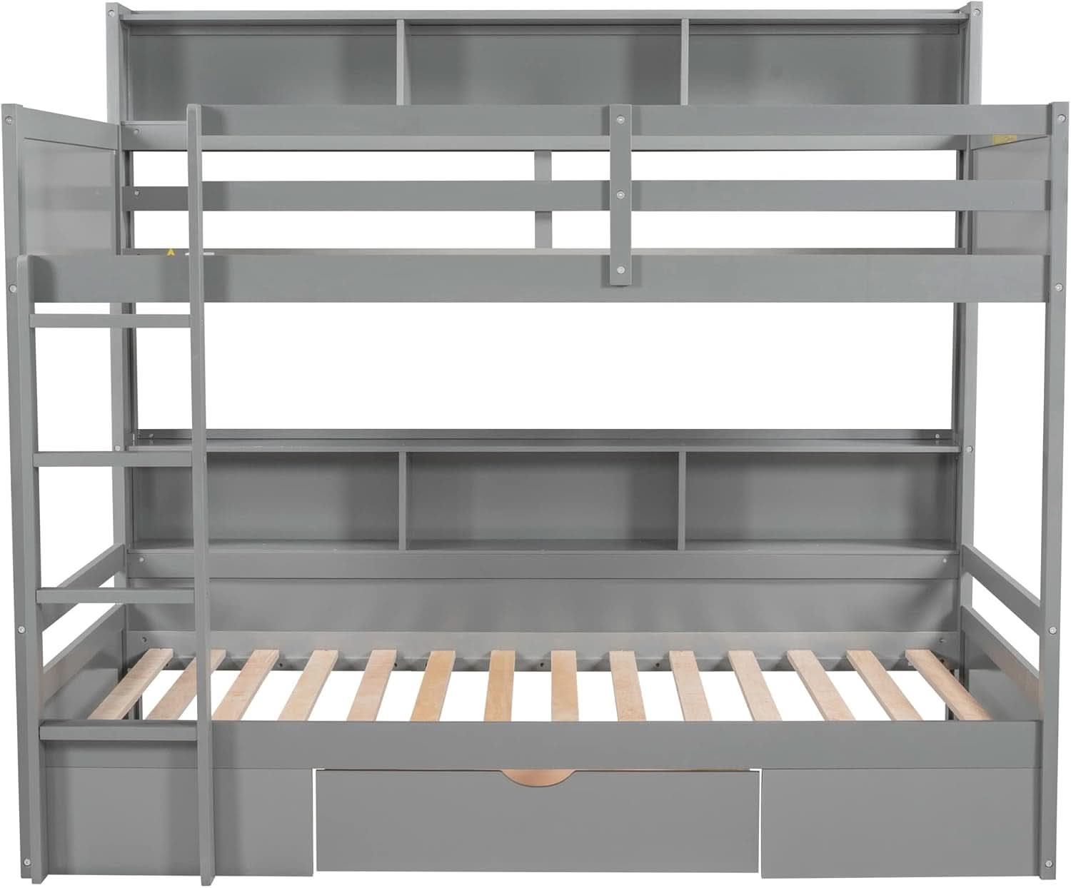 Grey Wood Twin Over Twin Bunk Bed With Storage Shelves And Drawer