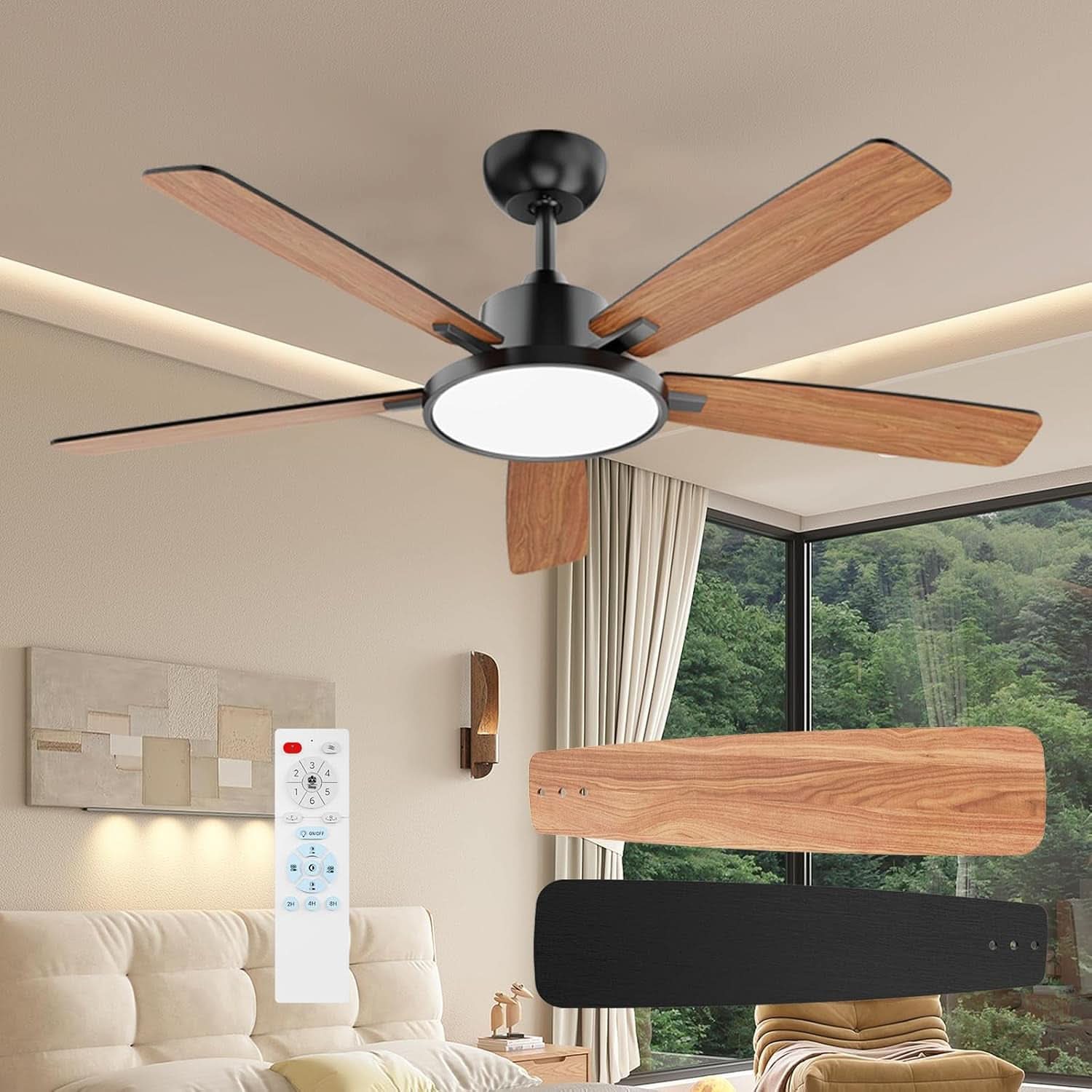 52 Inch Black Ceiling Fan With LED Light And Remote