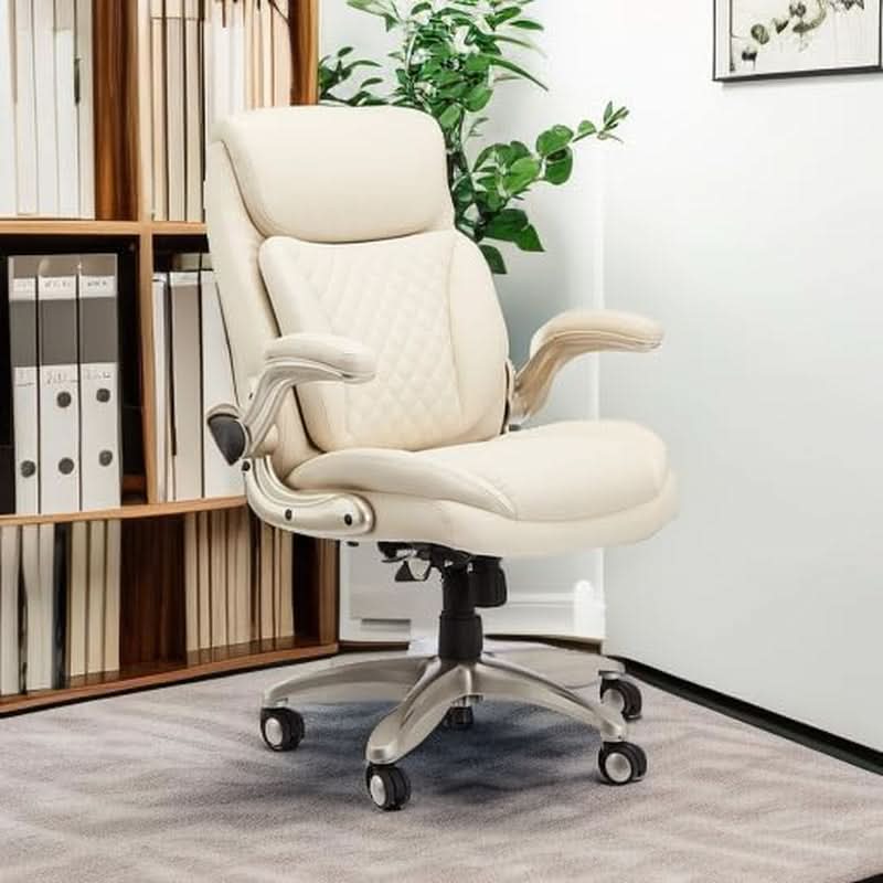 Cream Leather Ergonomic Office Chair With Flip Up Armrests