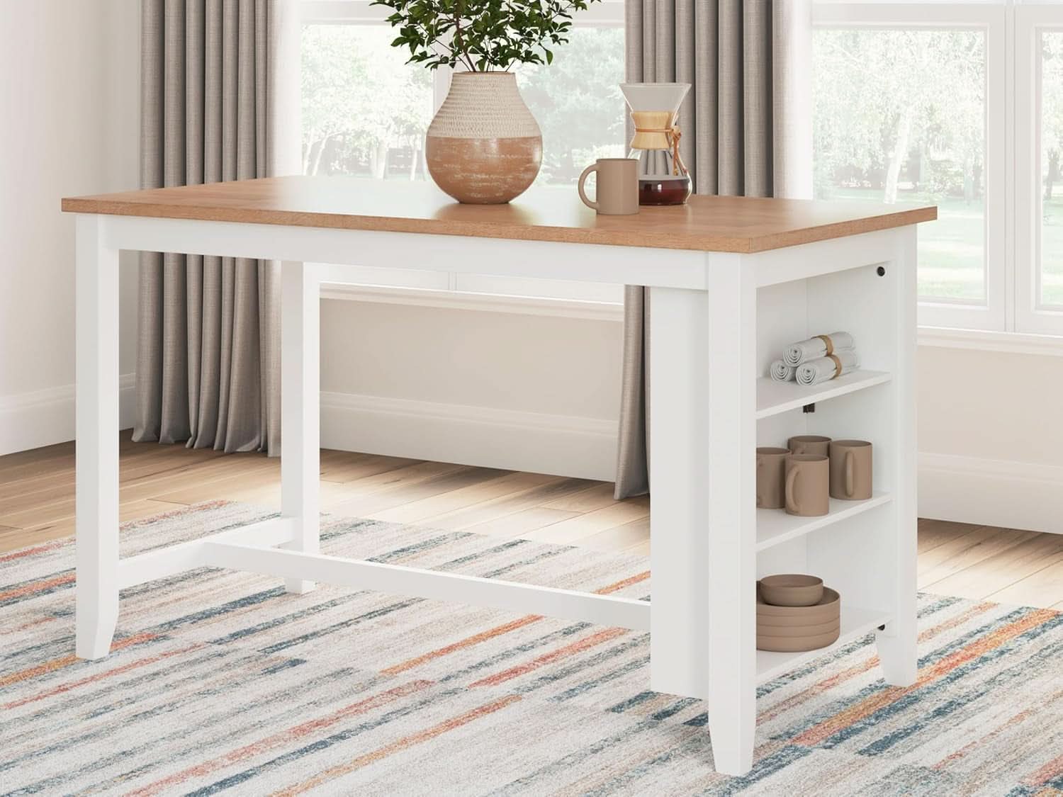 Farmhouse Counter Height Dining Table 3 Shelves Light Brown