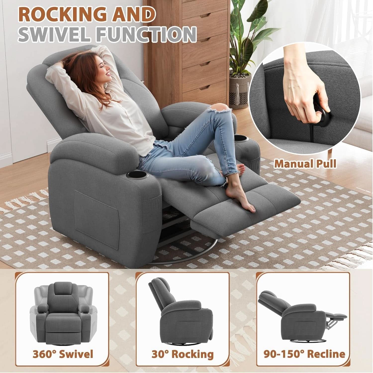 Gray Fabric Swivel Rocker Recliner With Vibration Massage