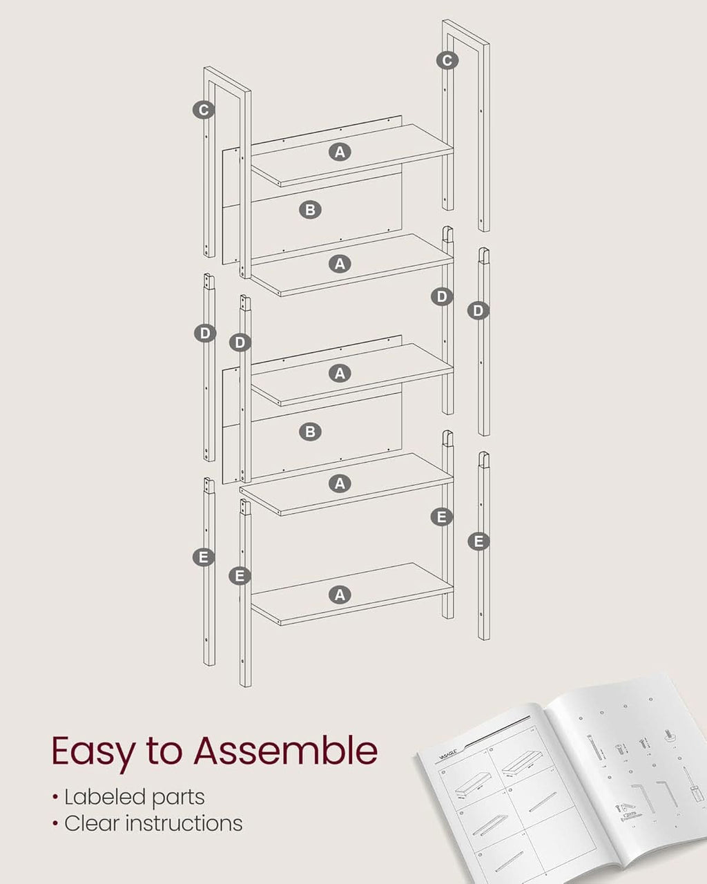 Five Tier Bookshelf With Steel Frame Camel Brown And Black