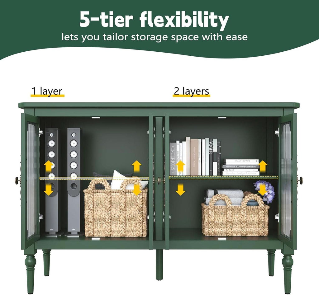 Vintage Green Glass Doors Buffet Sideboard Storage 48 Inch