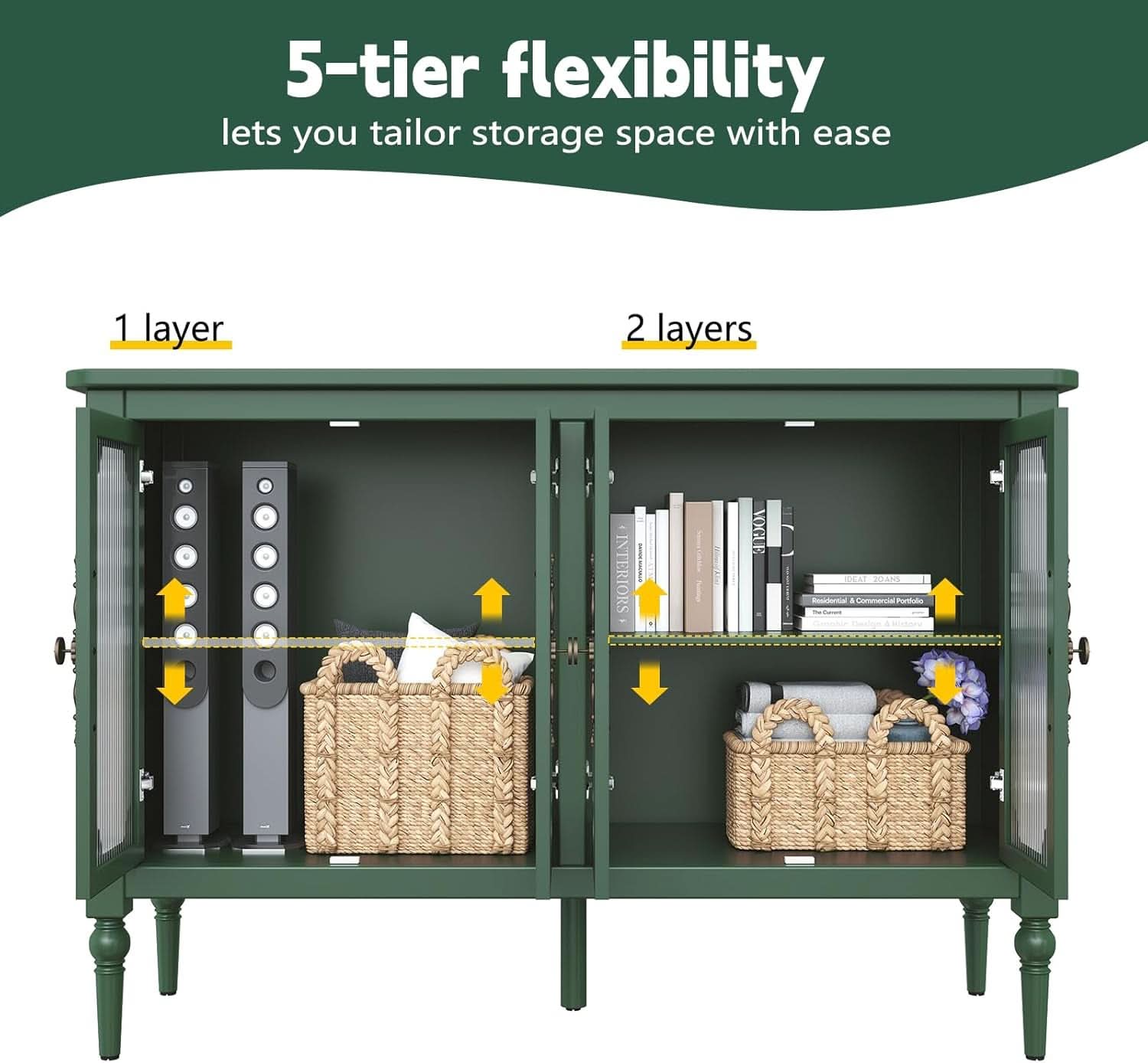 Vintage Green Glass Doors Buffet Sideboard Storage 48 Inch