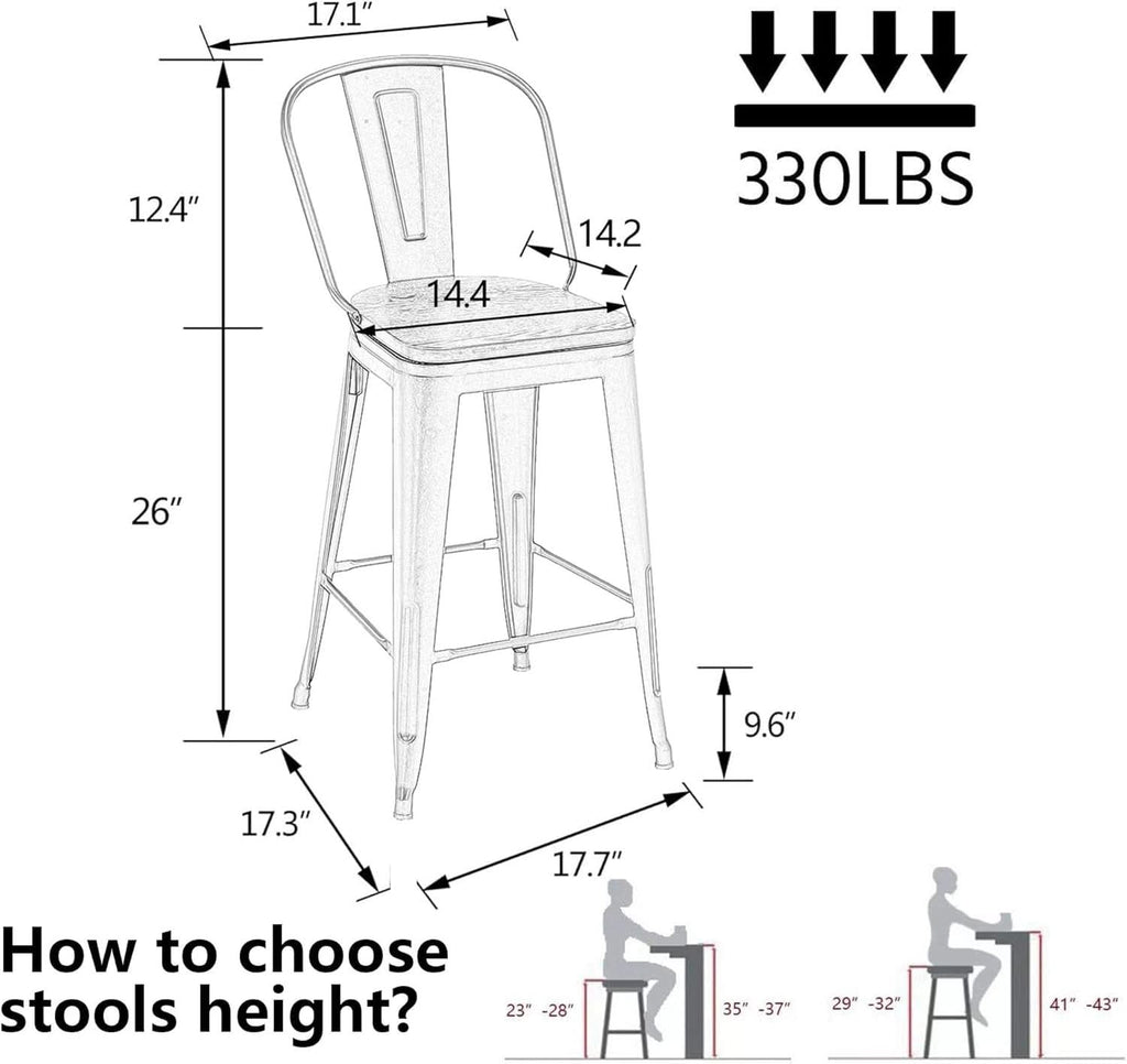 26 Inch Swivel Bar Stools Set Of 4 With Large Wooden Seat Matte Black High Back Design
