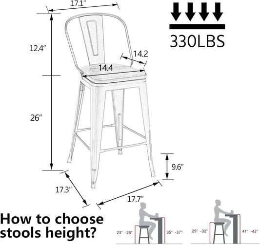 26 Inch Swivel Bar Stools Set Of 4 With Large Wooden Seat Matte Black High Back Design