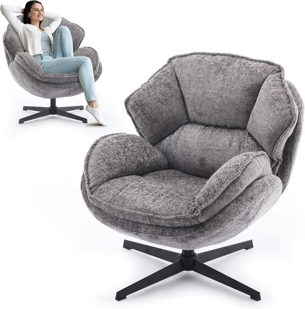 Gray Swivel Upholstered Accent Chair With Metal Legs