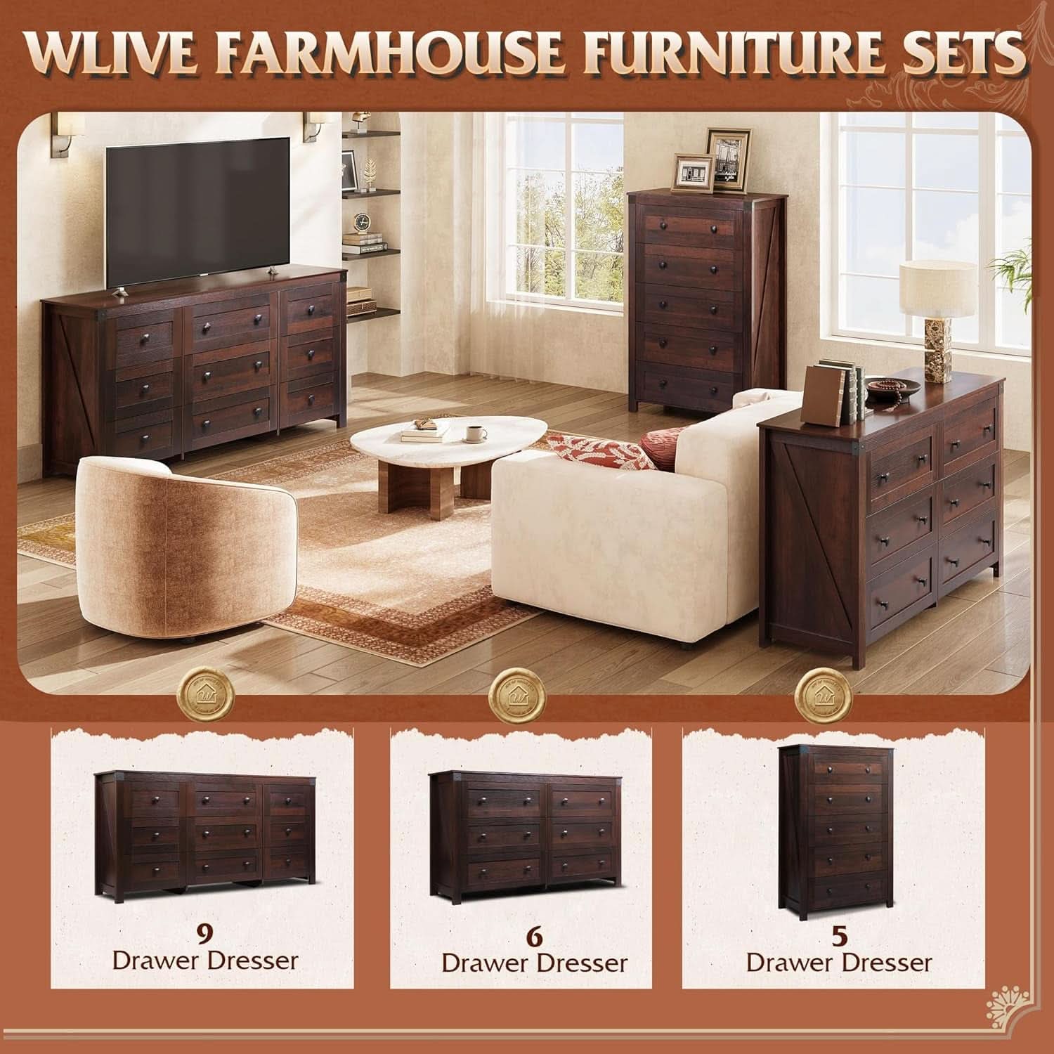 Brown Farmhouse 53 Inch 6 Drawer Dresser Rustic Handles