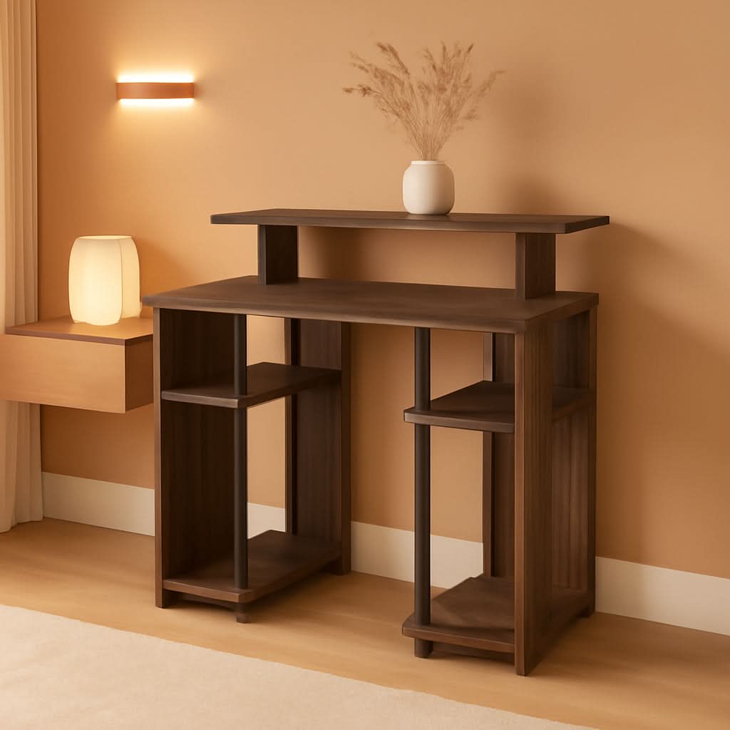 Walnut Black Writing Desk With Shelves And Printer