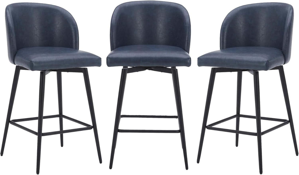 Counter Height Bar Stools 3 Pack Blue Faux Leather Swivel