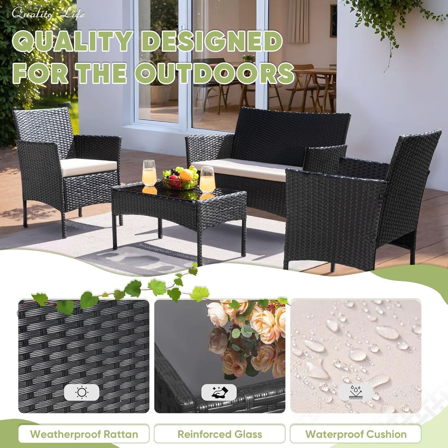 Patio Furniture Four Piece Conversation Set Black Beige