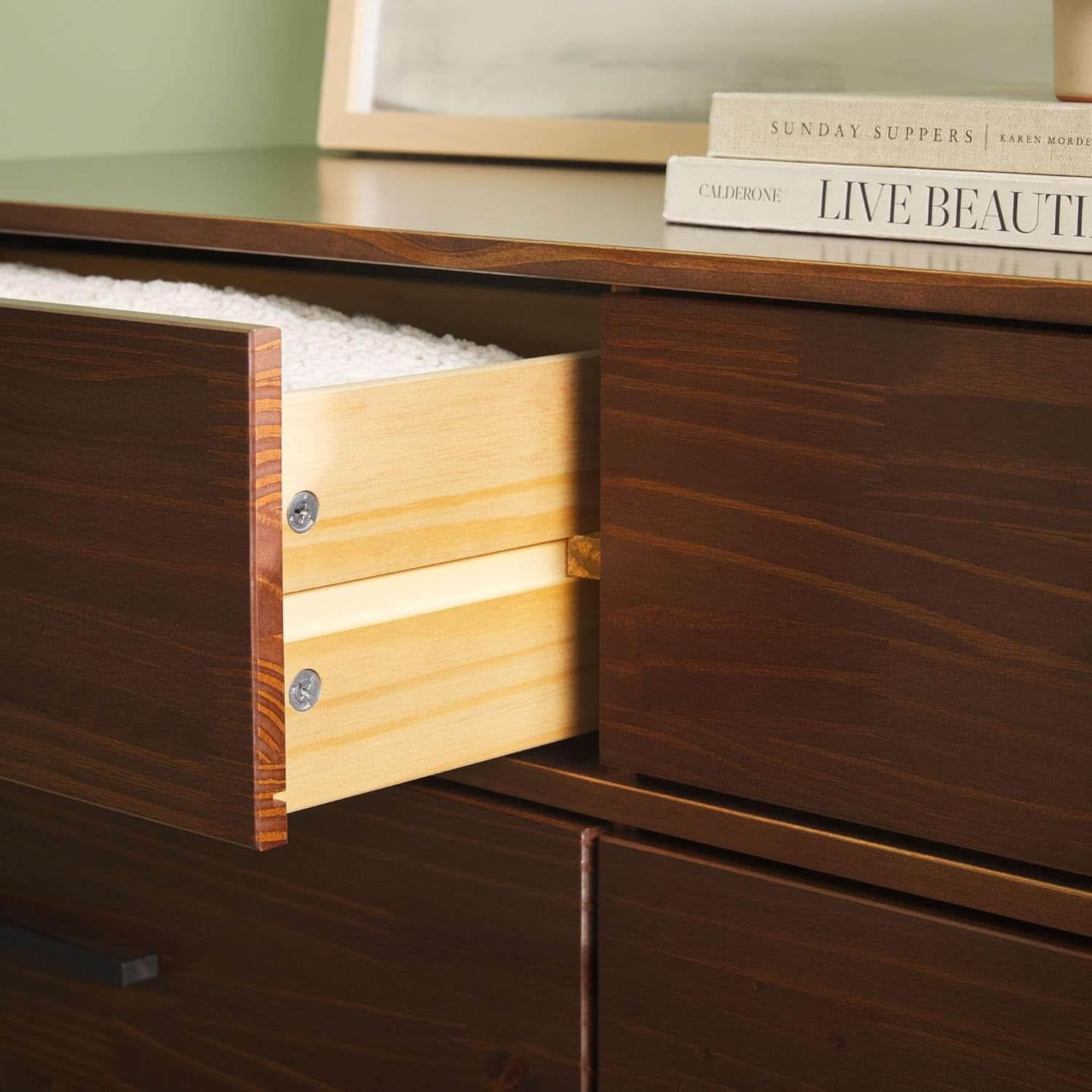 6 Drawer Solid Pine Wood Dresser With Walnut Finish