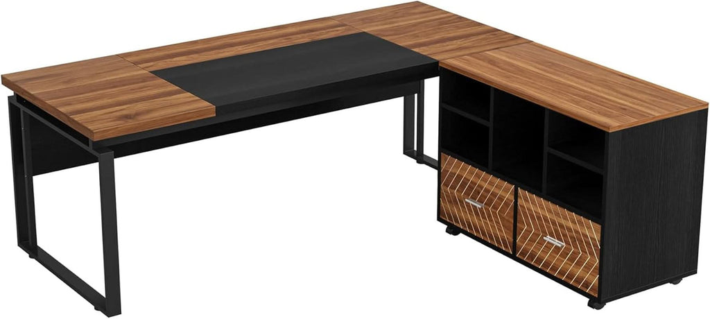 L-Shaped Desk 63-Inch Walnut With Reversible File Cabinet