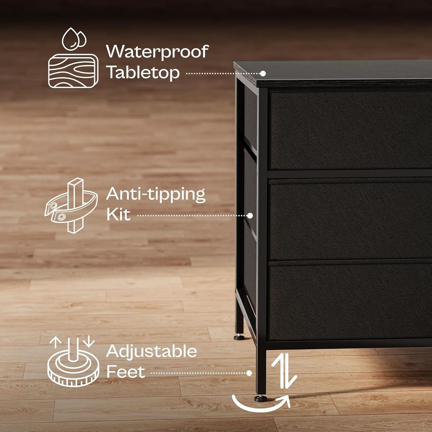 63 Inch TV Stand Dresser With 10 Fabric Drawers Black
