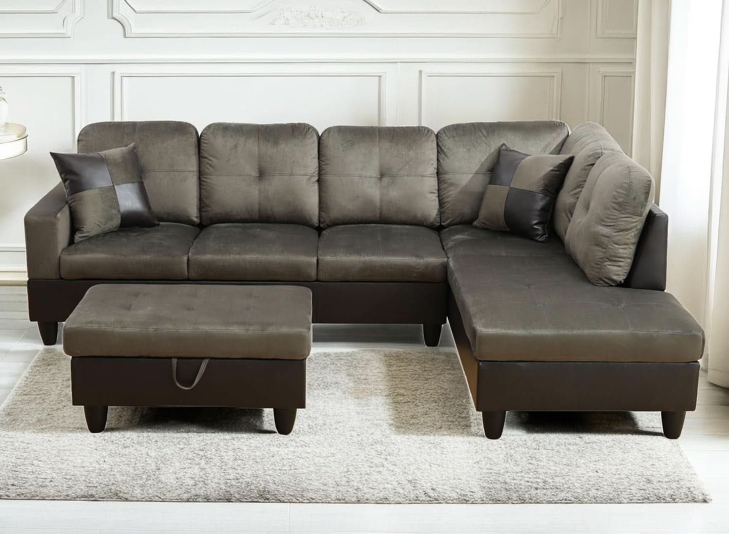 Taupe 105 Inch L Shaped Sectional Sofa With Storage Ottoman