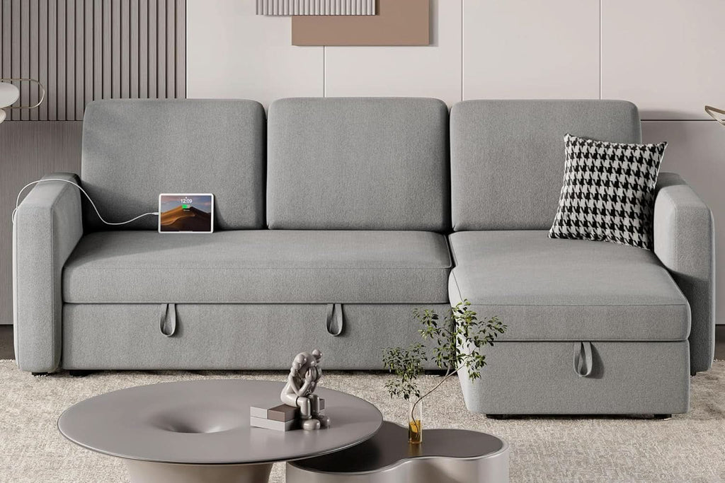 Light Gray L Shaped Sleeper Sectional With Pull Out Bed
