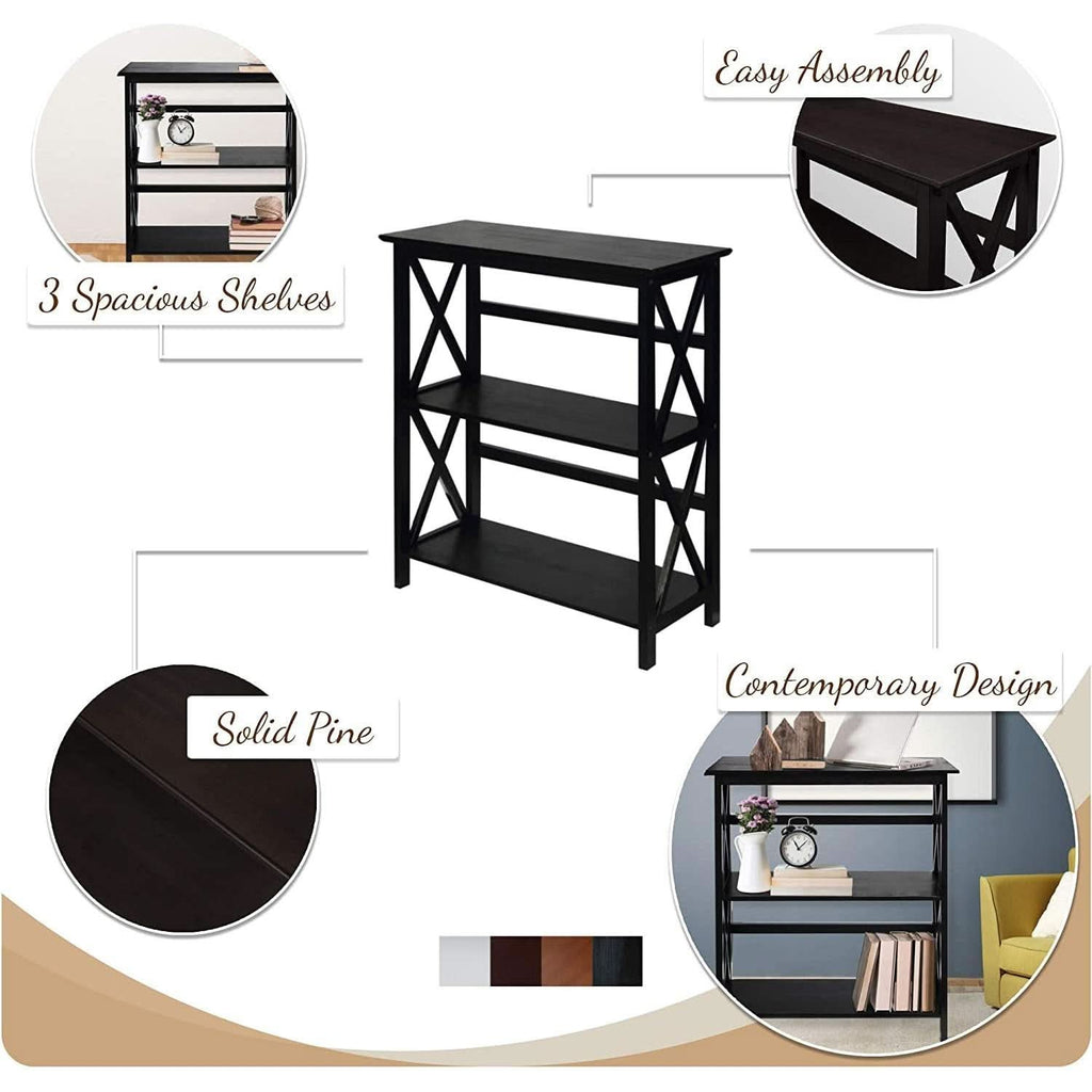Montego 3 Shelf Bookcase Black Solid Wood Construction