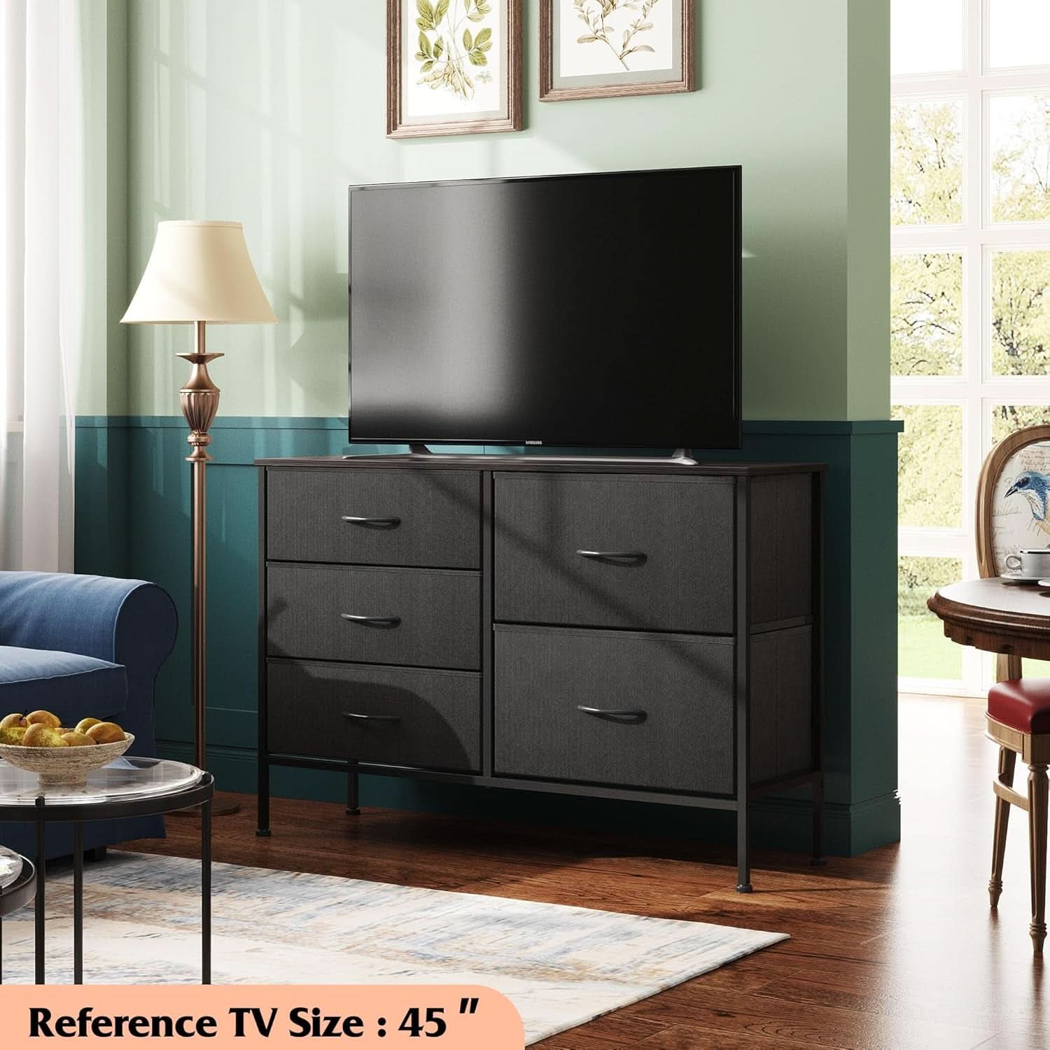 Charcoal Black Fabric Dresser With 5 Drawers For Bedroom Storage
