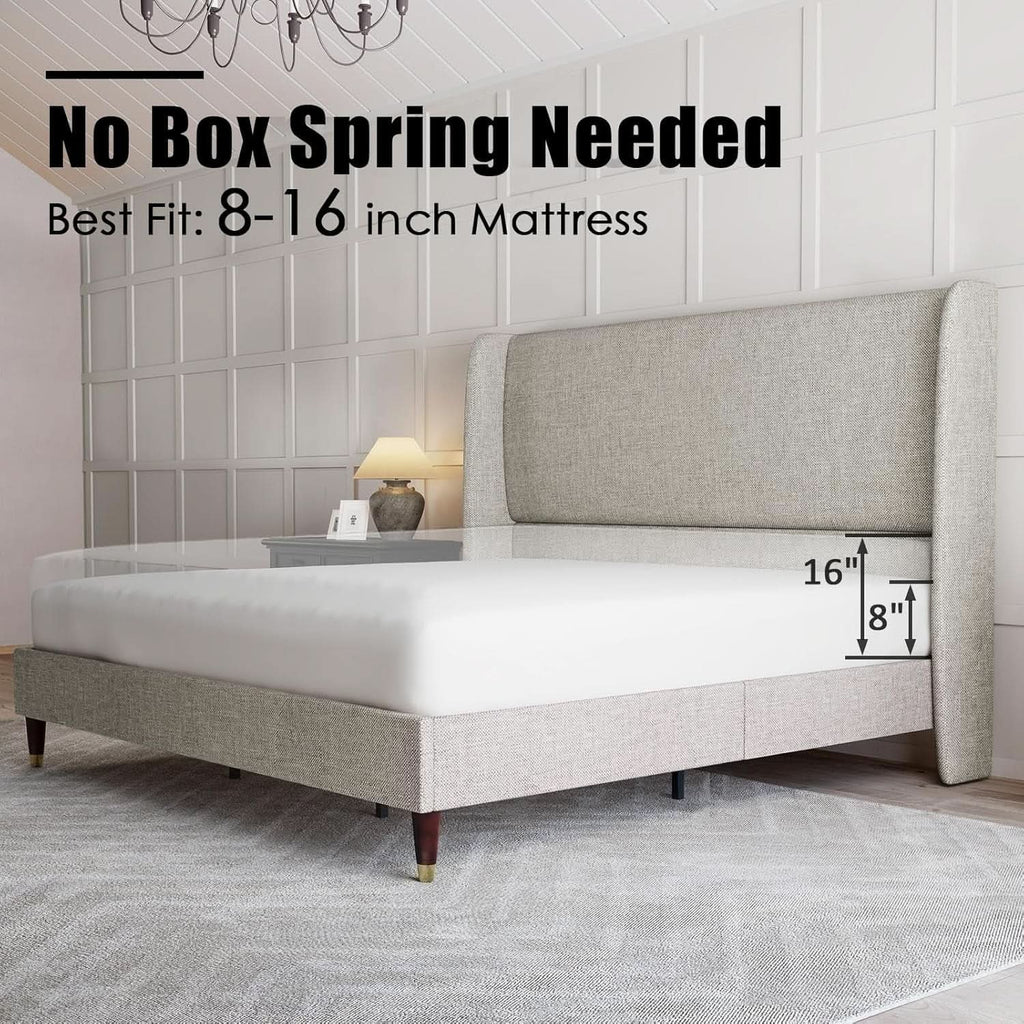King Size Wingback Headboard Upholstered Bed Frame Khaki