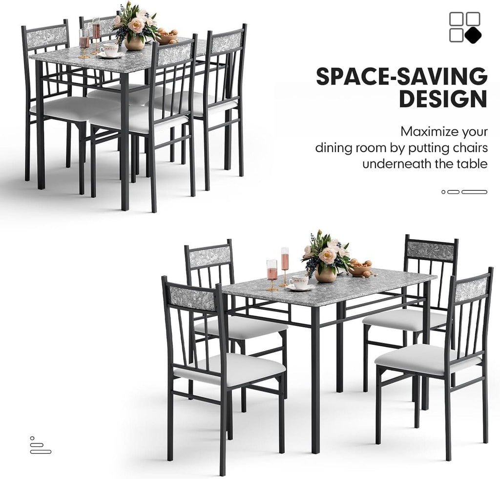 Grey Faux Marble Dining Table Set For 4 With Padded Chairs