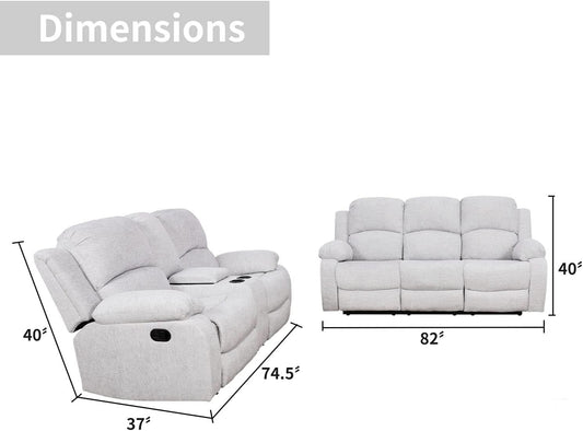 Grey Linen Recliner Sofa Set Featuring Drop Down Table
