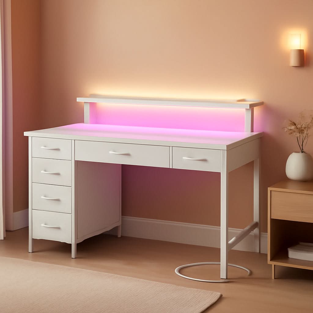39 Inch Computer Desk Power Outlets LED Light White