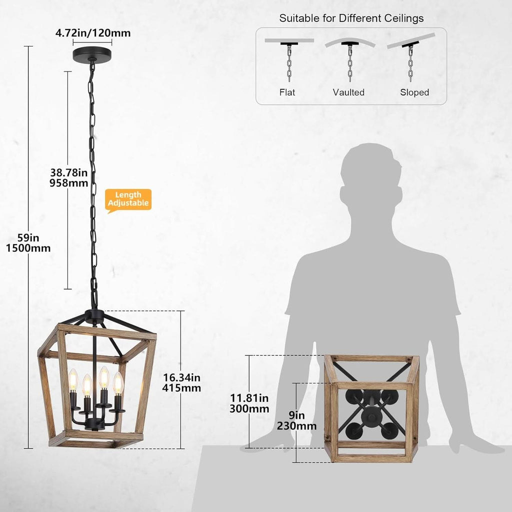 4 Light Farmhouse Chandelier With Rustic Wood Cage Light