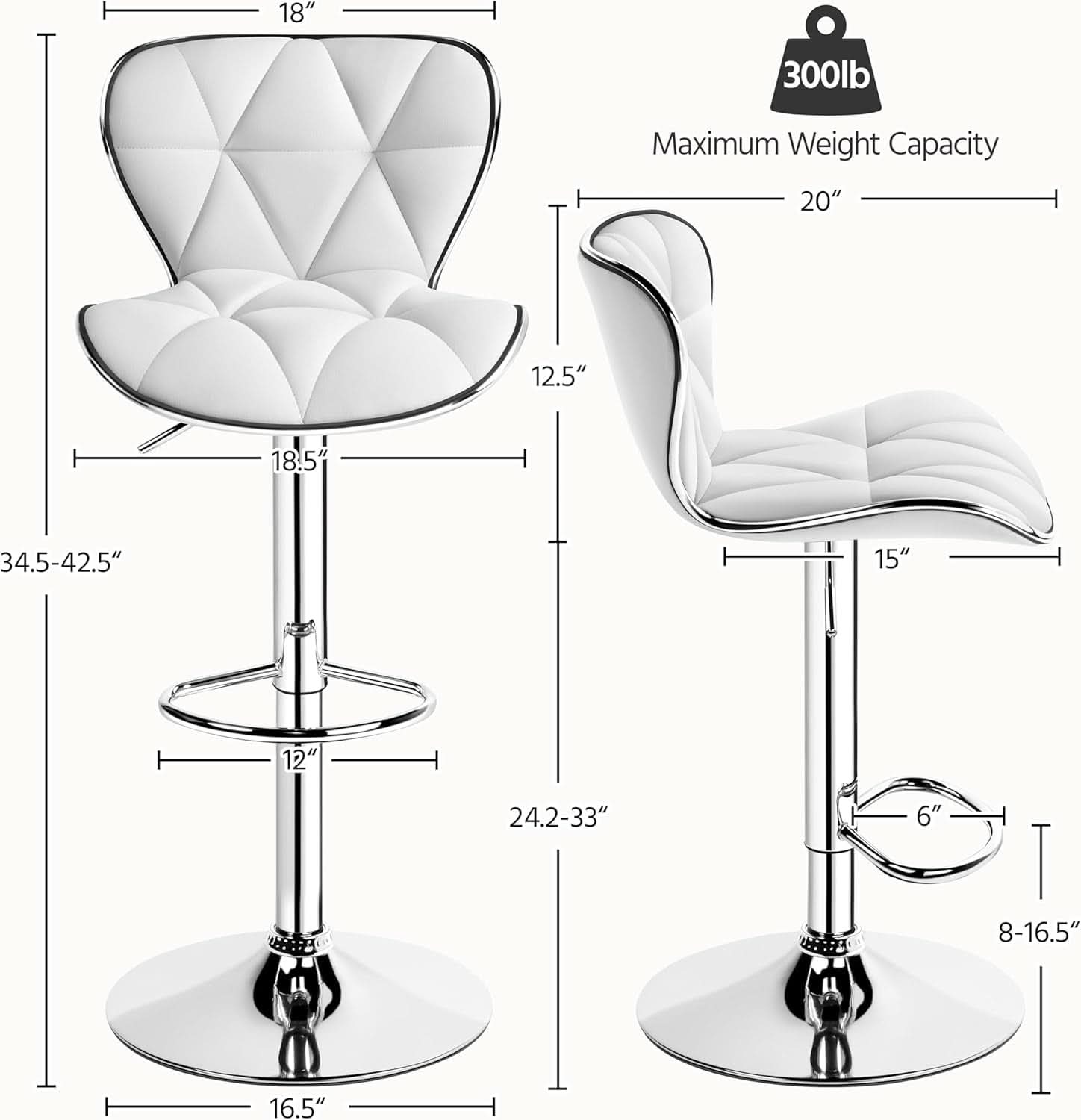 Bar Stools Set Of 2 White PU Leather Adjustable Swivel