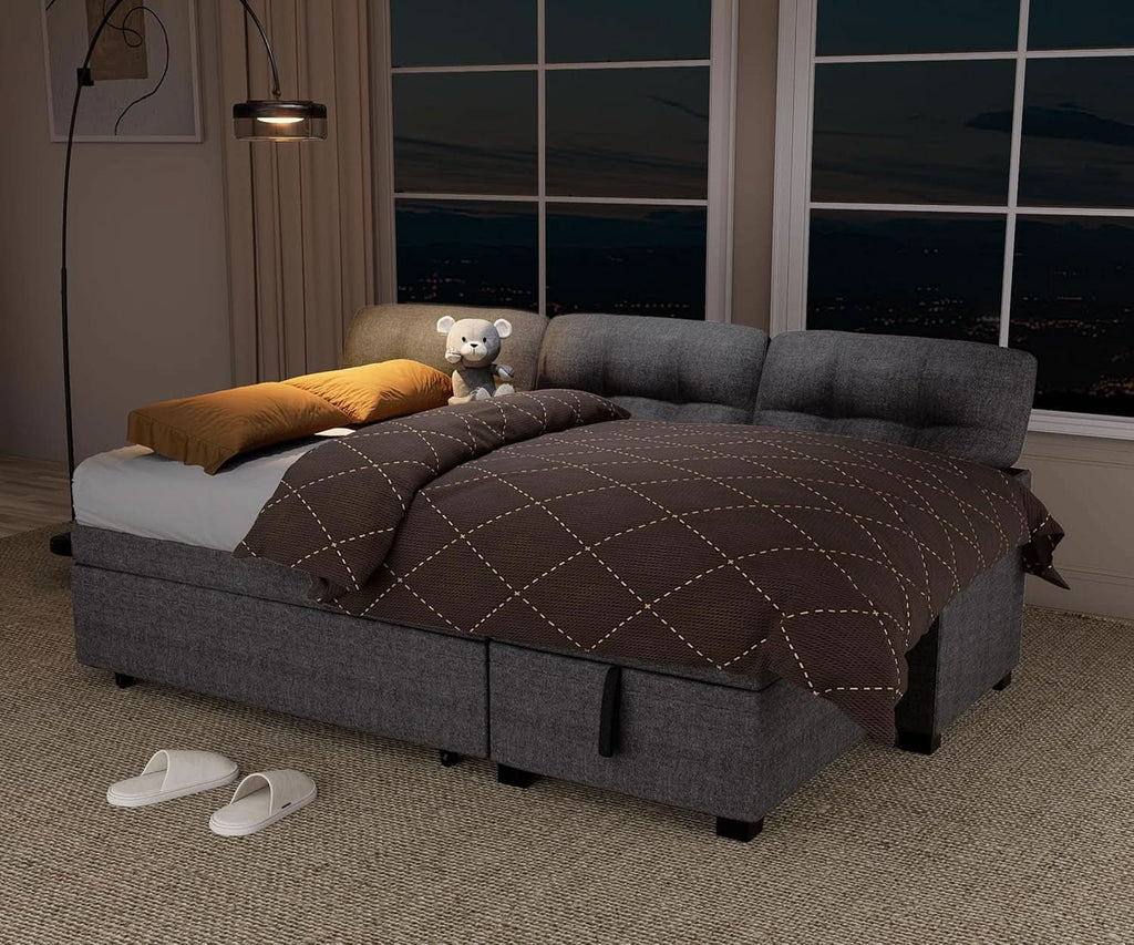 Reversible Sectional Sofa Couch, Sleeper Sofa Bed with Storage Chaise Pull Out Couch for Living Room | Hidden Stroge | Pull Out Bed | Removable Backrest | Linen Fabric, Light Grey