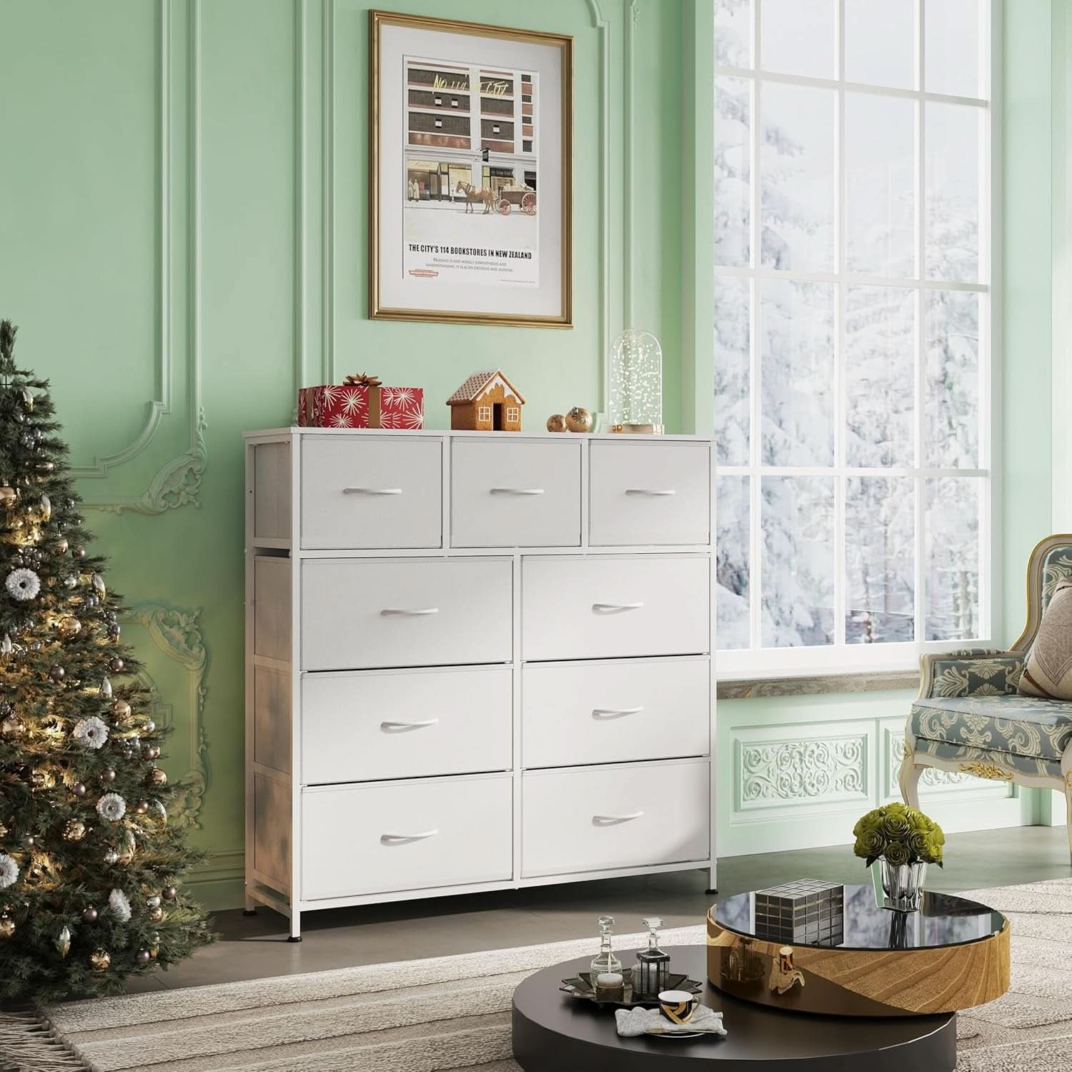 9 Drawer Fabric Dresser White With Steel Frame And Wood Top