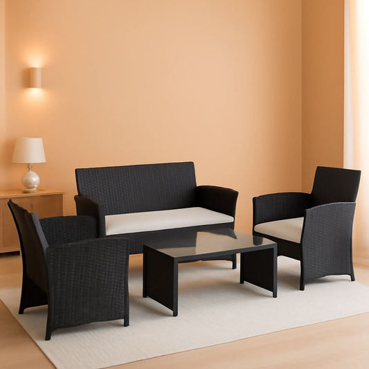 Rattan Outdoor Patio Furniture Set 4 Piece White Cushions